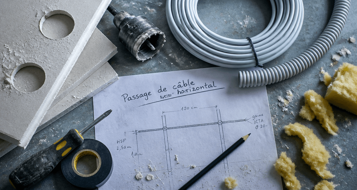 passer un câble horizontal dans une cloison placo outillage