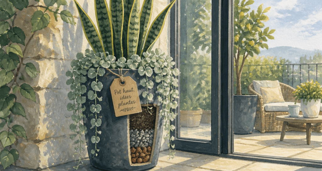 que planter dans un pot haut et étroit, Sansevieria et Dichondra