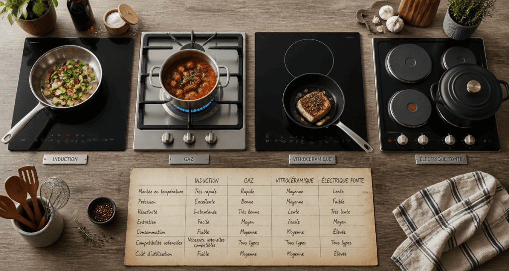 quelle plaque de cuisson choisir, induction gaz vitrocéramique côte à côte