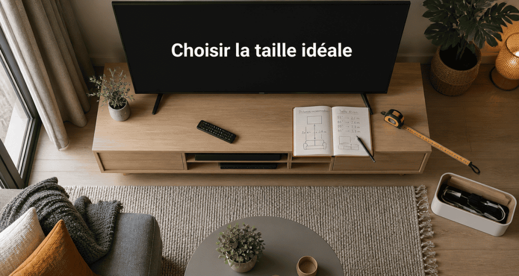quelle taille de tv choisir pour un salon, vue dessus salon moderne avec grand écran