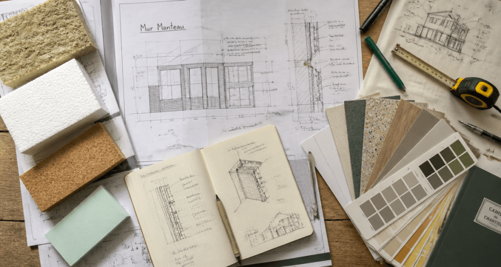 Ravalement ITE plans et matériaux isolants sur bureau d’architecte