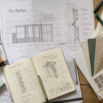 Ravalement ITE plans et matériaux isolants sur bureau d’architecte
