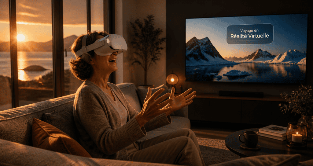 Femme casque VR réalité virtuelle voyage