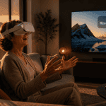 Femme casque VR réalité virtuelle voyage