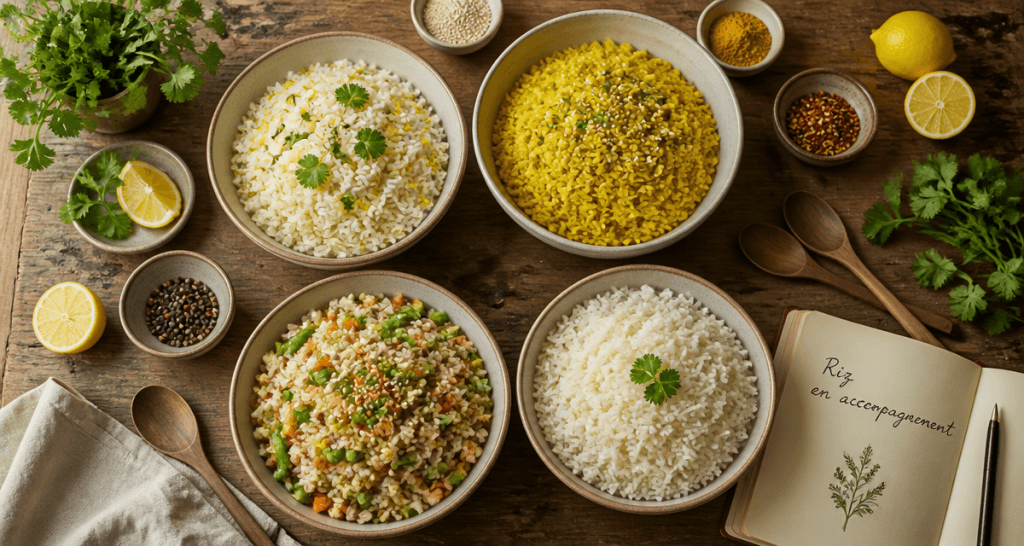 riz en accompagnement recettes, 4 bols variés sur table rustique