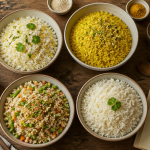 riz en accompagnement recettes, 4 bols variés sur table rustique