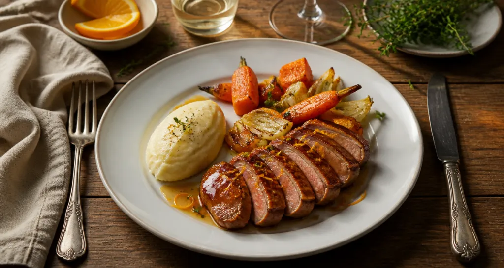 Accompagnement canard à l'orange avec légumes rôtis et purée