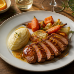 Accompagnement canard à l'orange avec légumes rôtis et purée