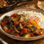 Accompagnement ratatouille : assiette de ratatouille avec riz et œuf au plat