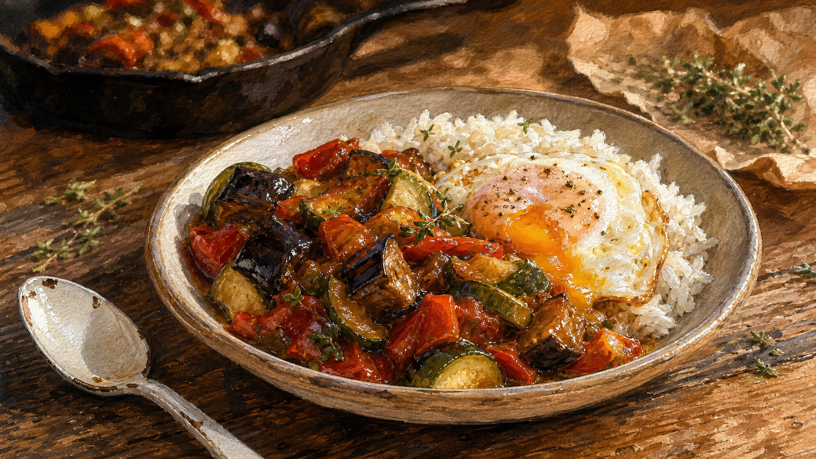 Accompagnement ratatouille : assiette de ratatouille avec riz et œuf au plat