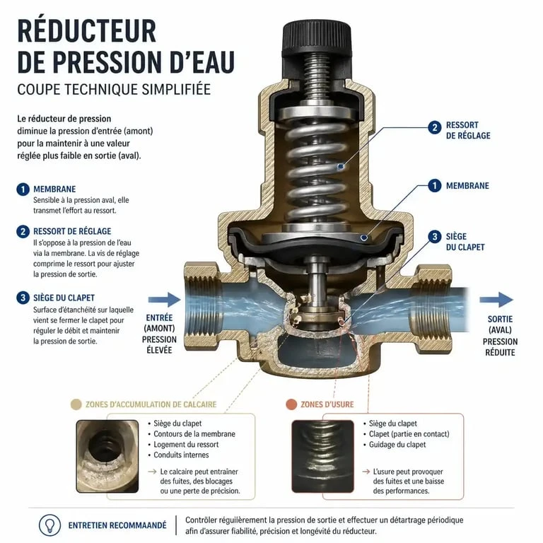 Schéma explicatif du fonctionnement et des zones d'usure d'un réducteur de pression d'eau