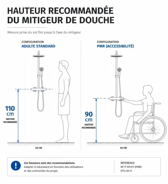 Schéma des hauteurs recommandées pour l'installation d'un mitigeur de douche standard et PMR