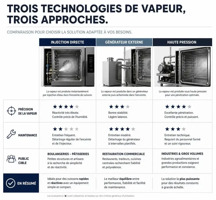 Comparatif des technologies de fours vapeur : injection directe, générateur externe et haute pression pour choisir le meilleur four vapeur.