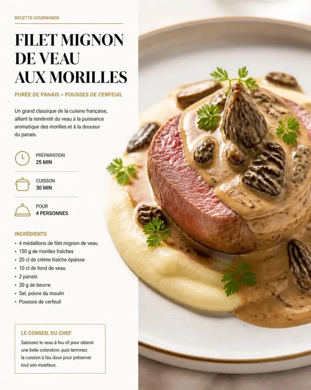 Recette filet mignon de veau gastronomique aux morilles et crème de Porto