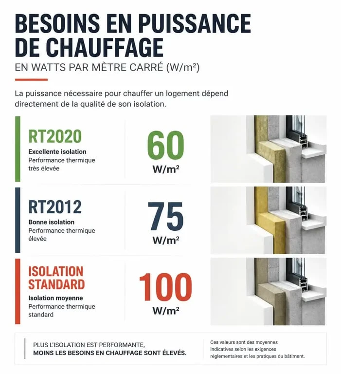 Infographie sur la puissance de radiateur par m2 selon l'isolation du logement