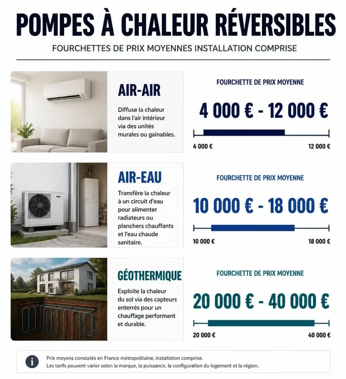 Comparatif des prix des pompes à chaleur clim réversible par technologie