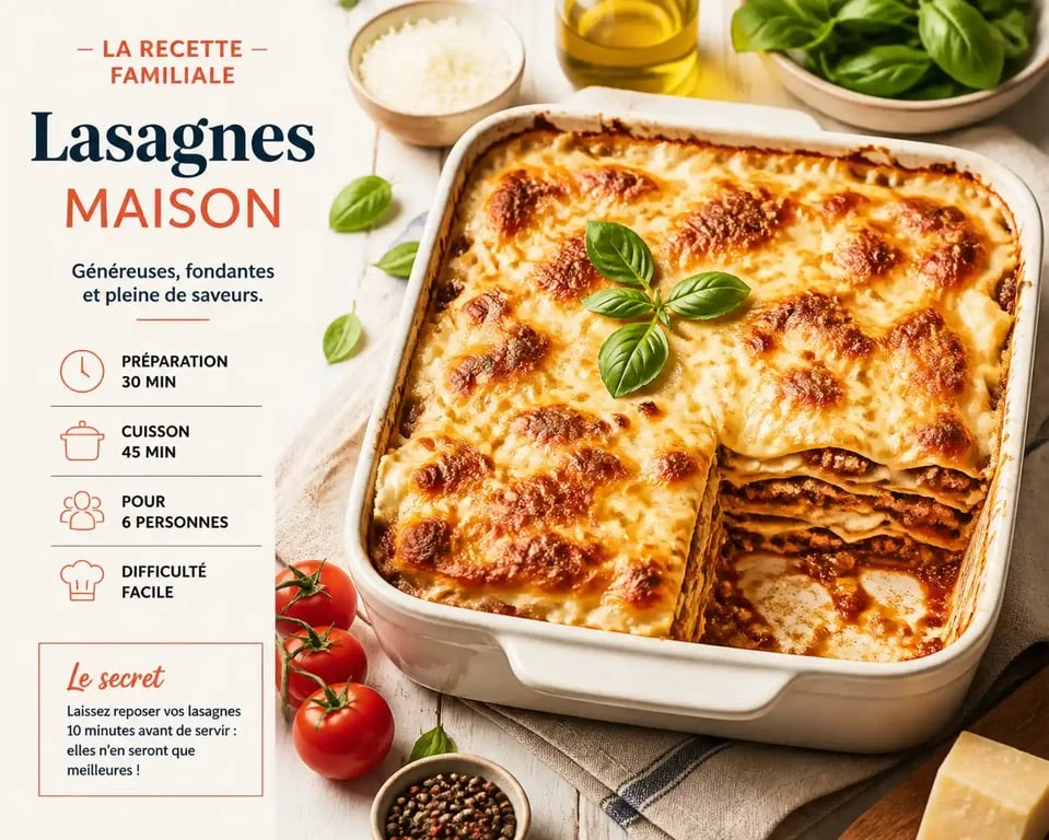 Lasagnes familiales généreuses pour 10 personnes dans un plat de cuisson