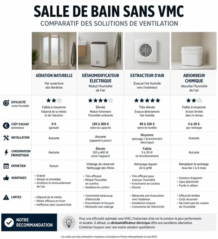 Infographie comparative des solutions pour ventiler une salle de bain sans VMC efficacement