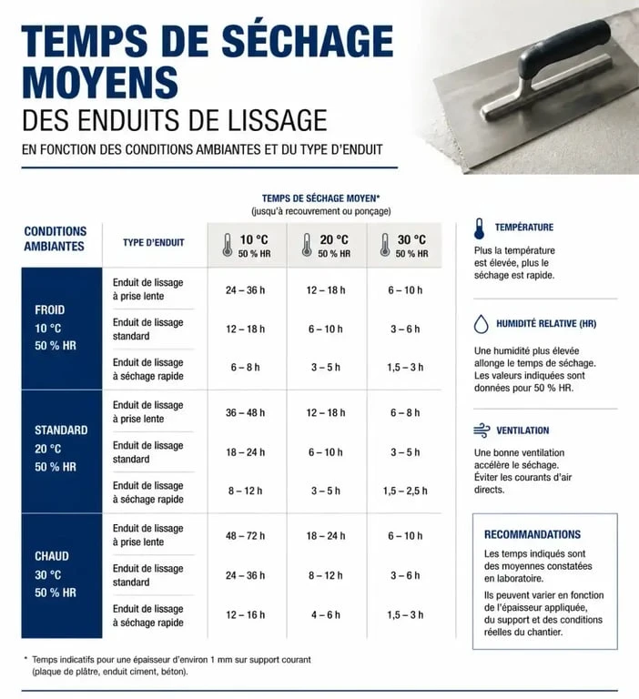 Tableau récapitulatif des temps de séchage de l'enduit de lissage avant ponçage selon les conditions climatiques et le type de produit
