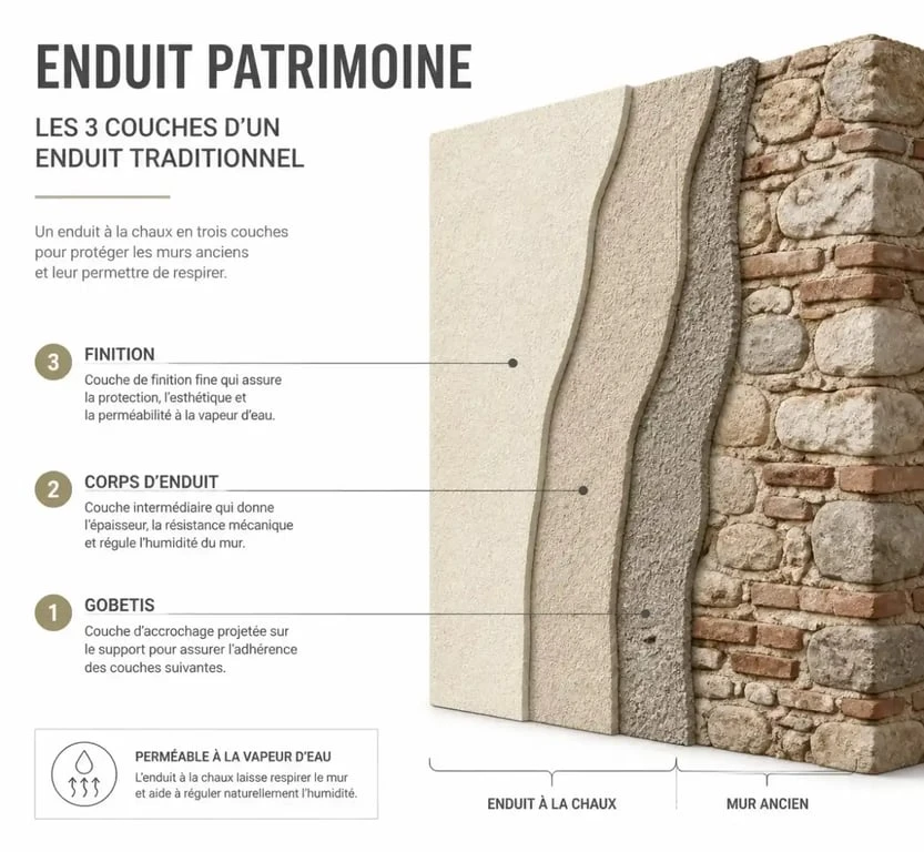 Schéma technique des trois couches d'un enduit patrimoine sur un mur ancien