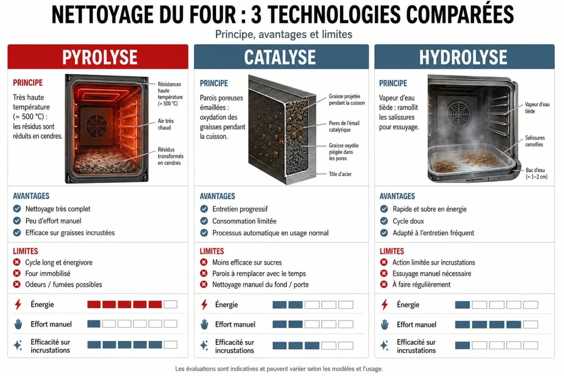 Infographie comparative des technologies de nettoyage de four : pyrolyse, catalyse et hydrolyse pour choisir son four