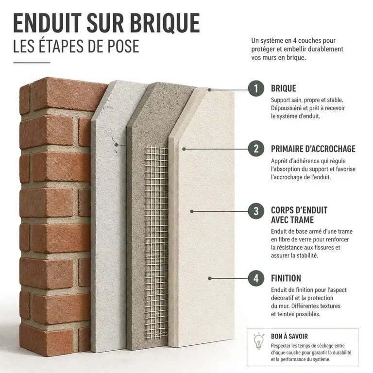 Schéma des étapes d'application d'un enduit sur un mur en brique