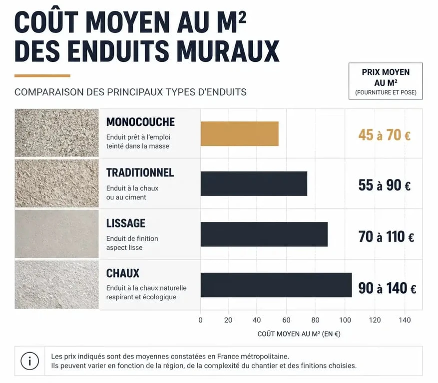 Tableau comparatif des prix de l'enduit au m2 selon le type de finition et d'usage