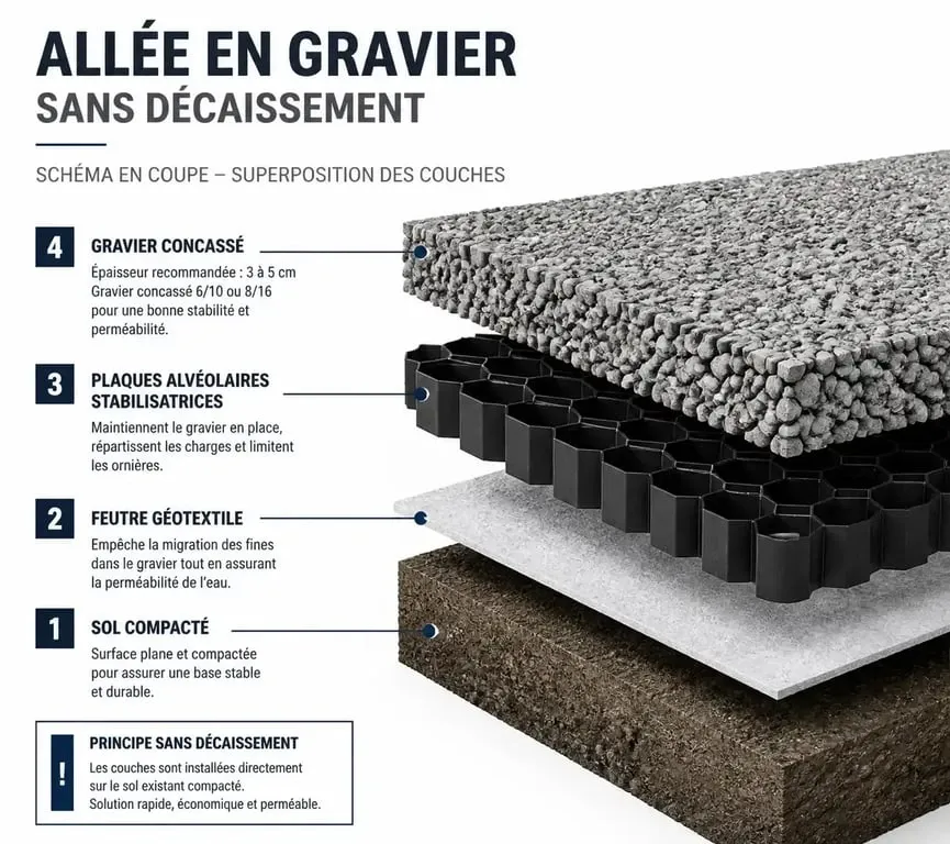 Schéma en coupe des couches pour poser du gravier sans décaisser : sol, géotextile et gravier