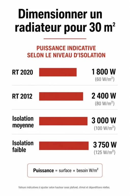 Infographie sur le calcul de la puissance de radiateur nécessaire pour 30m2 selon l'isolation