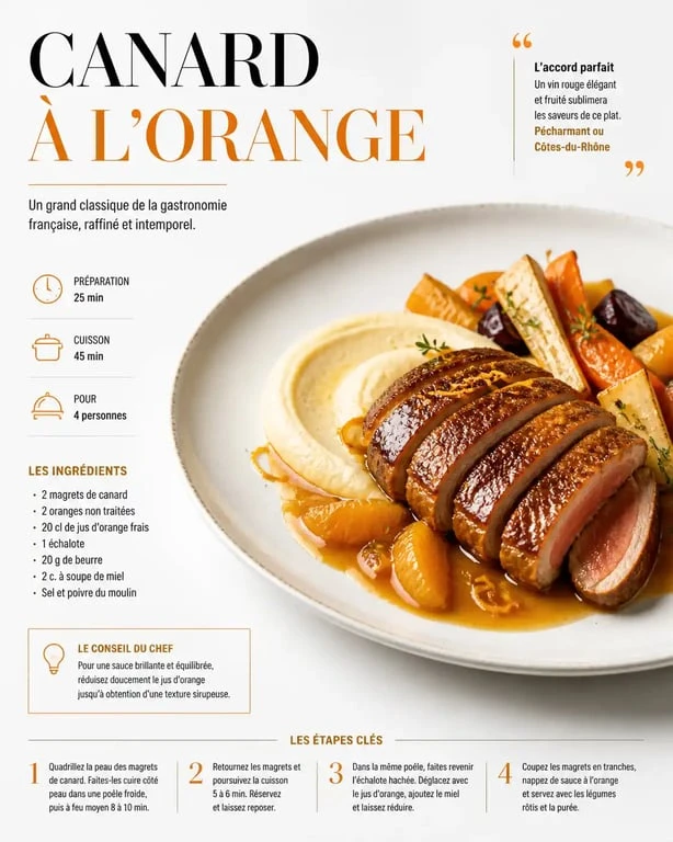 Assiette de canard à l'orange avec son accompagnement de légumes racines et purée, plat gastronomique français.