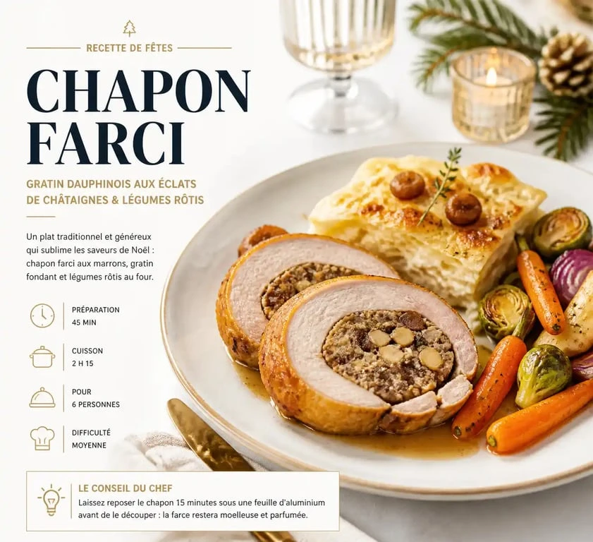 Accompagnement pour chapon farci : assiette festive avec gratin et légumes rôtis.
