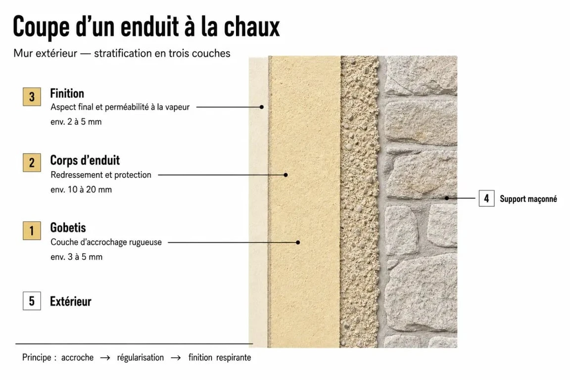Schéma des trois couches d'un enduit pour mur à la chaux extérieur