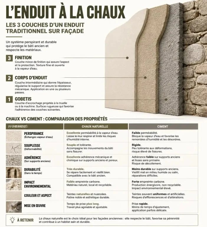 Infographie des étapes d'application d'un enduit à la chaux facade et comparaison technique