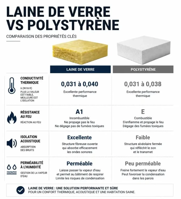 Comparatif isolation polystyrène ou laine de verre : propriétés thermiques et acoustiques