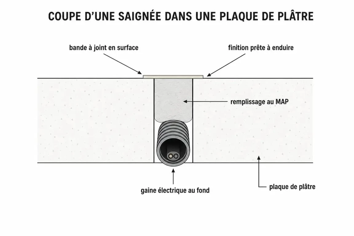 Schéma technique de rebouchage d'une saignée dans du placo pour installation électrique