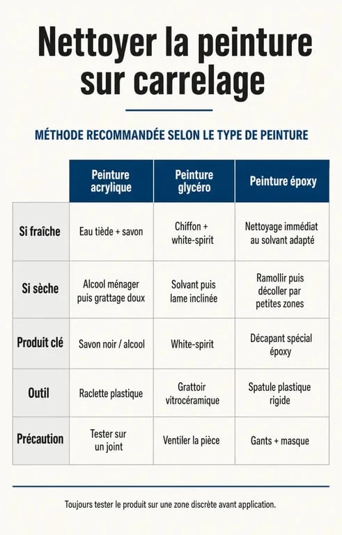 Infographie récapitulative des méthodes pour nettoyer de la peinture sur du carrelage
