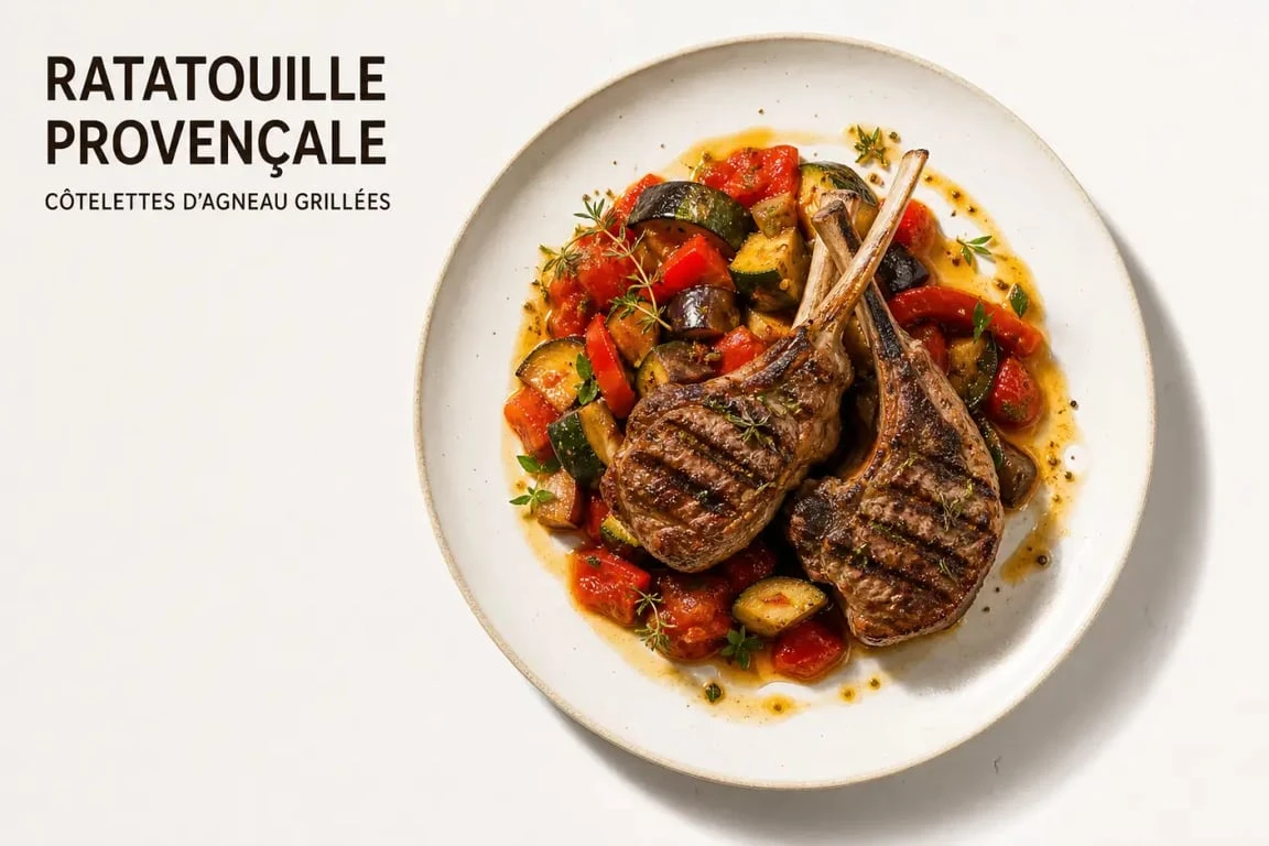 Assiette de ratatouille accompagnée de côtelettes d'agneau grillées pour un repas complet