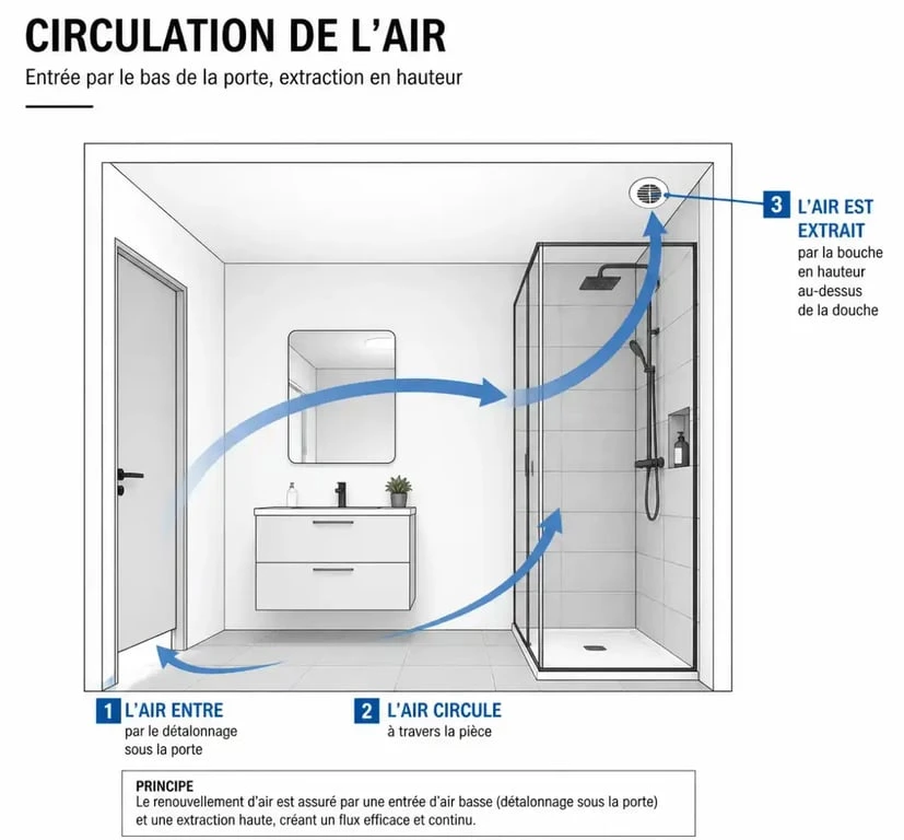 Schéma de circulation de l'air pour une VMC dans une salle de bain efficace