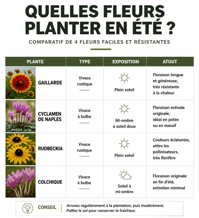Tableau comparatif des fleurs à planter en juillet et août pour un jardin fleuri