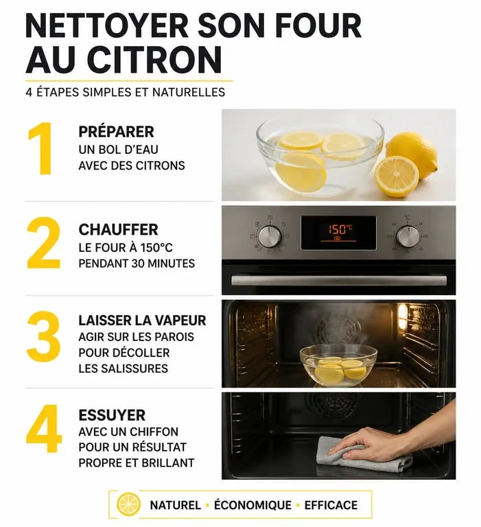 Infographie illustrant les étapes du nettoyage naturel d'un four avec du citron
