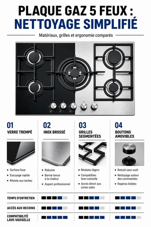 Infographie des caractéristiques d'une plaque de cuisson gaz 5 feux facile à nettoyer