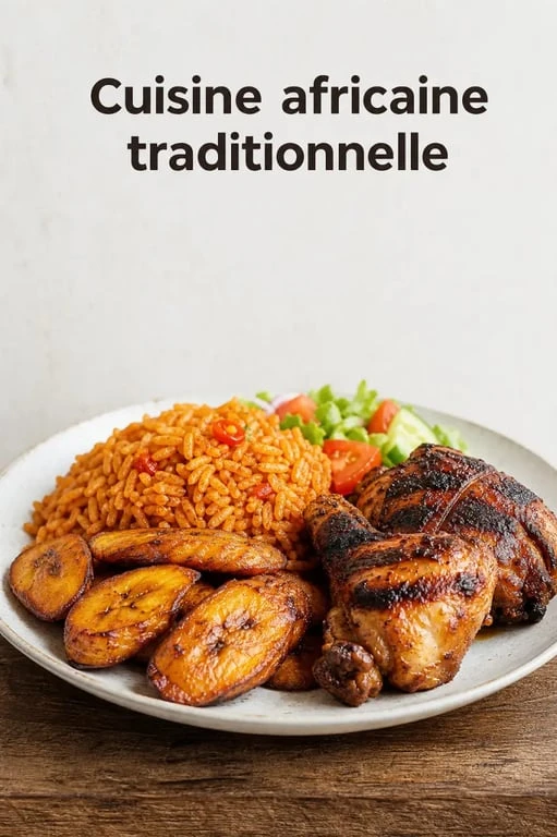 Plat traditionnel de met africain avec riz Jollof et bananes plantains