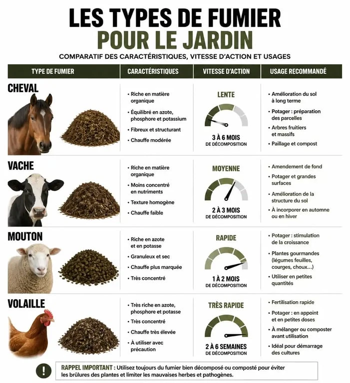 Infographie comparative des types de fumier pour savoir quand mettre du fumier au jardin