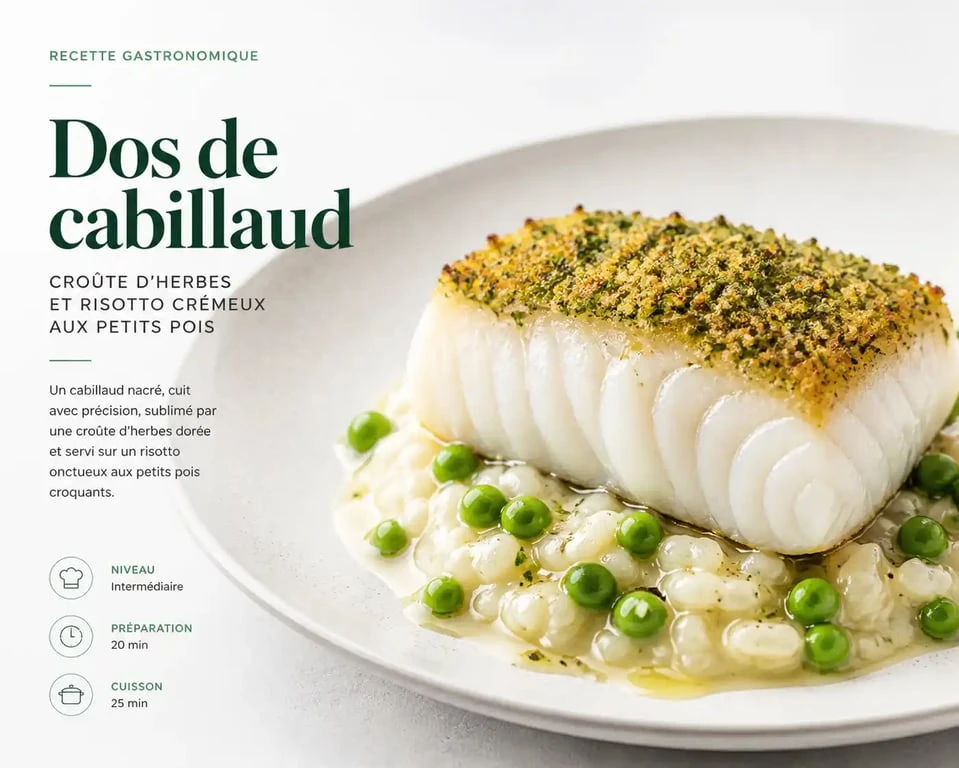 Dos de cabillaud en croûte d'herbes et son accompagnement de risotto aux petits pois