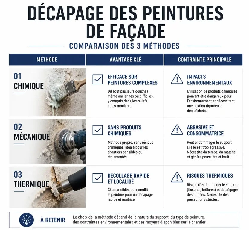 Infographie comparative des méthodes de décapage de façade : chimique, mécanique et thermique pour préparer une peinture de façade.