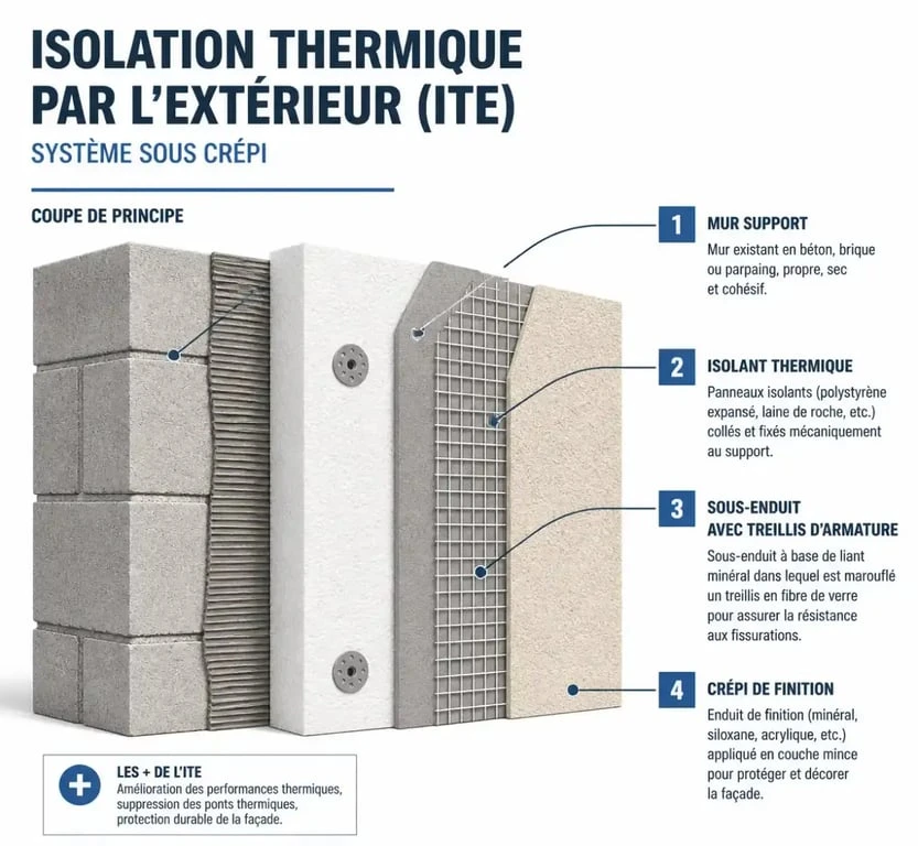 Schéma de la structure multi-couches d'un crépi isolant pour façade