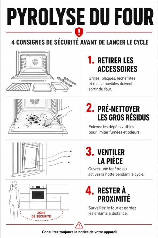 Infographie des consignes de sécurité pour la pyrolyse d'un four pour éviter les dangers