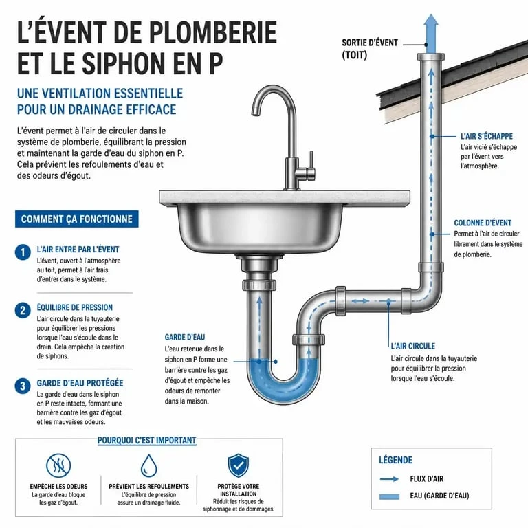 Schéma de fonctionnement d'un évent de plomberie et d'un siphon