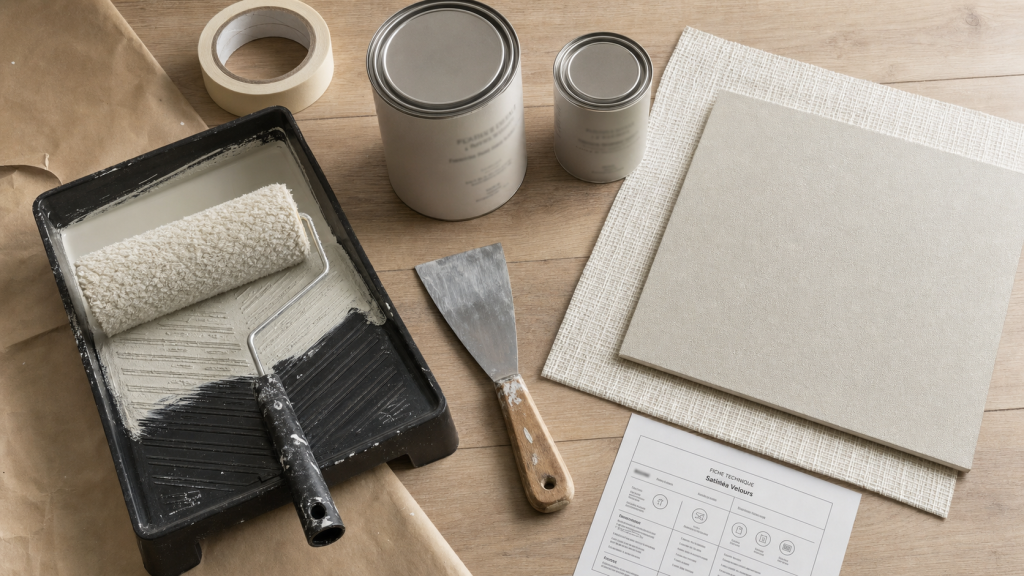 Guittet satinea velours : rouleau velours, bac peinture et mur micro-texture