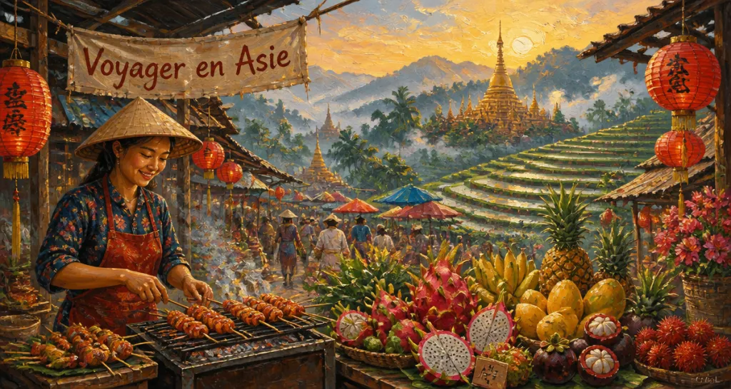 Marché asiatique, rizières, pagodes, destination Asie